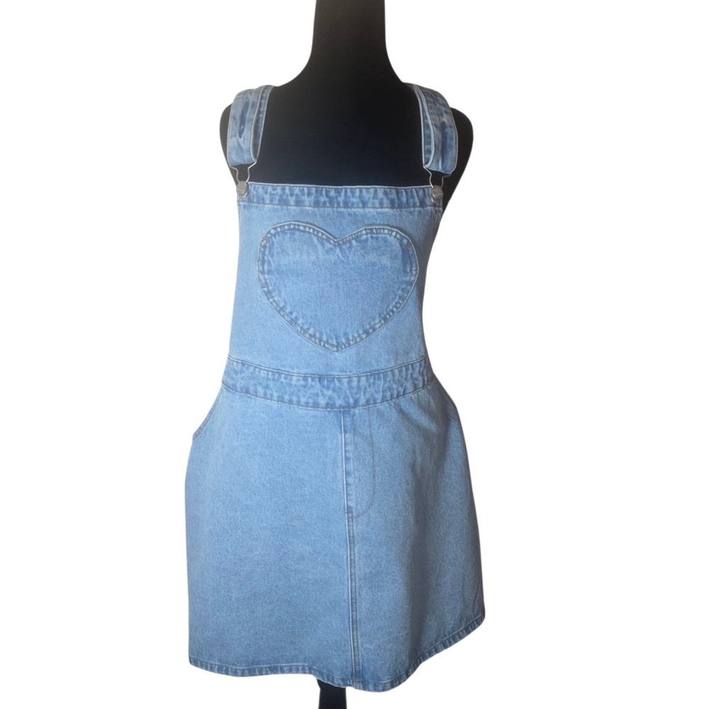 Shiny By Nature Womens XL Denim Overall Dress Heart Pocket Y2K Pinafore